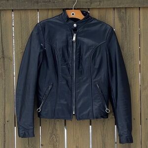 Brooks Black Leather Jacket Silver Ring Zipper Women’s Size 30/ Small